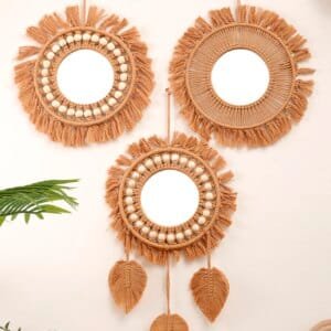 Round Wall Mirrors Room Decor Hand Woven Decorative Mirror Wall Hanging Mirror for Apartment Living Room Bedroom Home Decoration