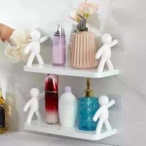 Plasti Figurine Bathroom Storage Shelves Cute White Doll Self Adhesive Cosmetics Racks