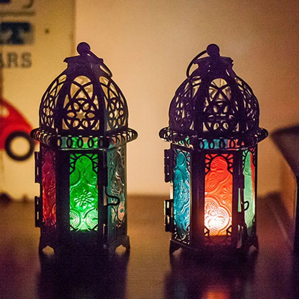 moroccan candle lantern iron metal with glass crystal panels