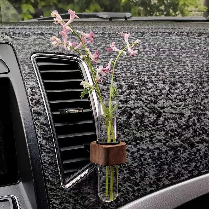 Mini Car Vent Flower Vase Clip Adjustable Walnut Glass Dashboard Decor