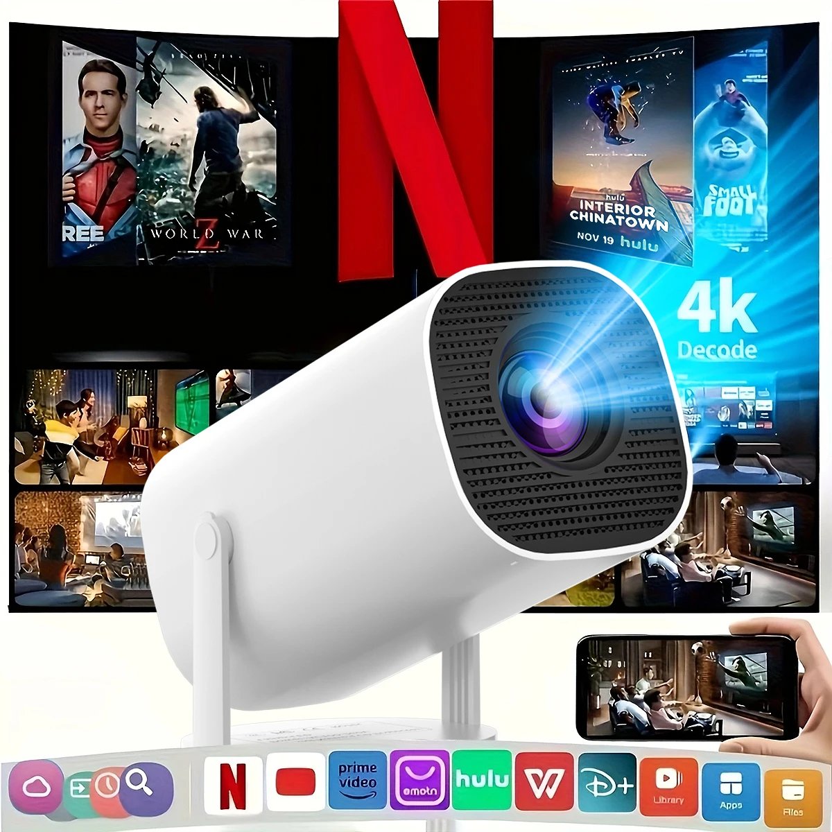 New Portable Projector With WiFi 6 And Wireless 5.0, Native 720P Support 4K Smart Projector, Adjustable Screen, 180° Rotation, B